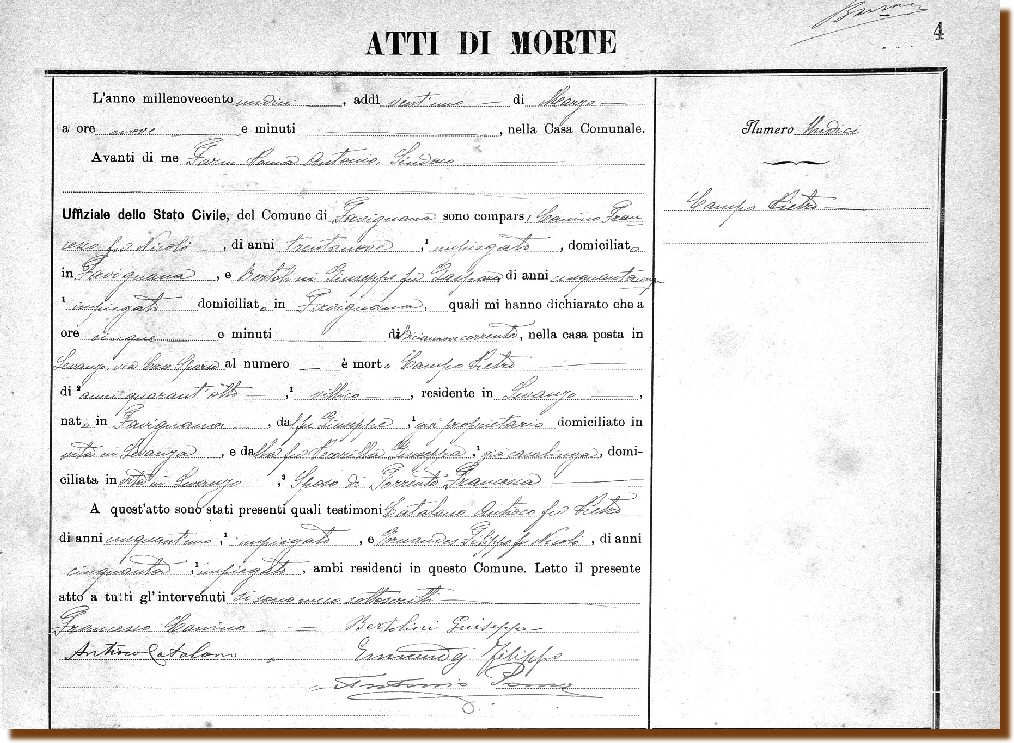 ATTO DI MORTE - CAMPO Pietro 19 MARZO 1911 